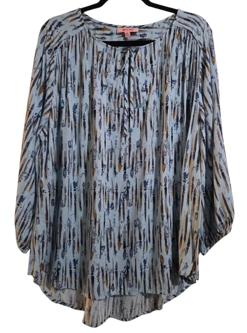 Evri Top Womens Plus 1X Blue Gold Watercolor Print Flowy Boho Peasant Blouse Tie
